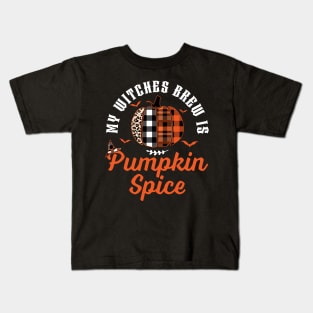 My Witches Brew Is Pumpkin Spice Halloween Plaid Leopard Kids T-Shirt